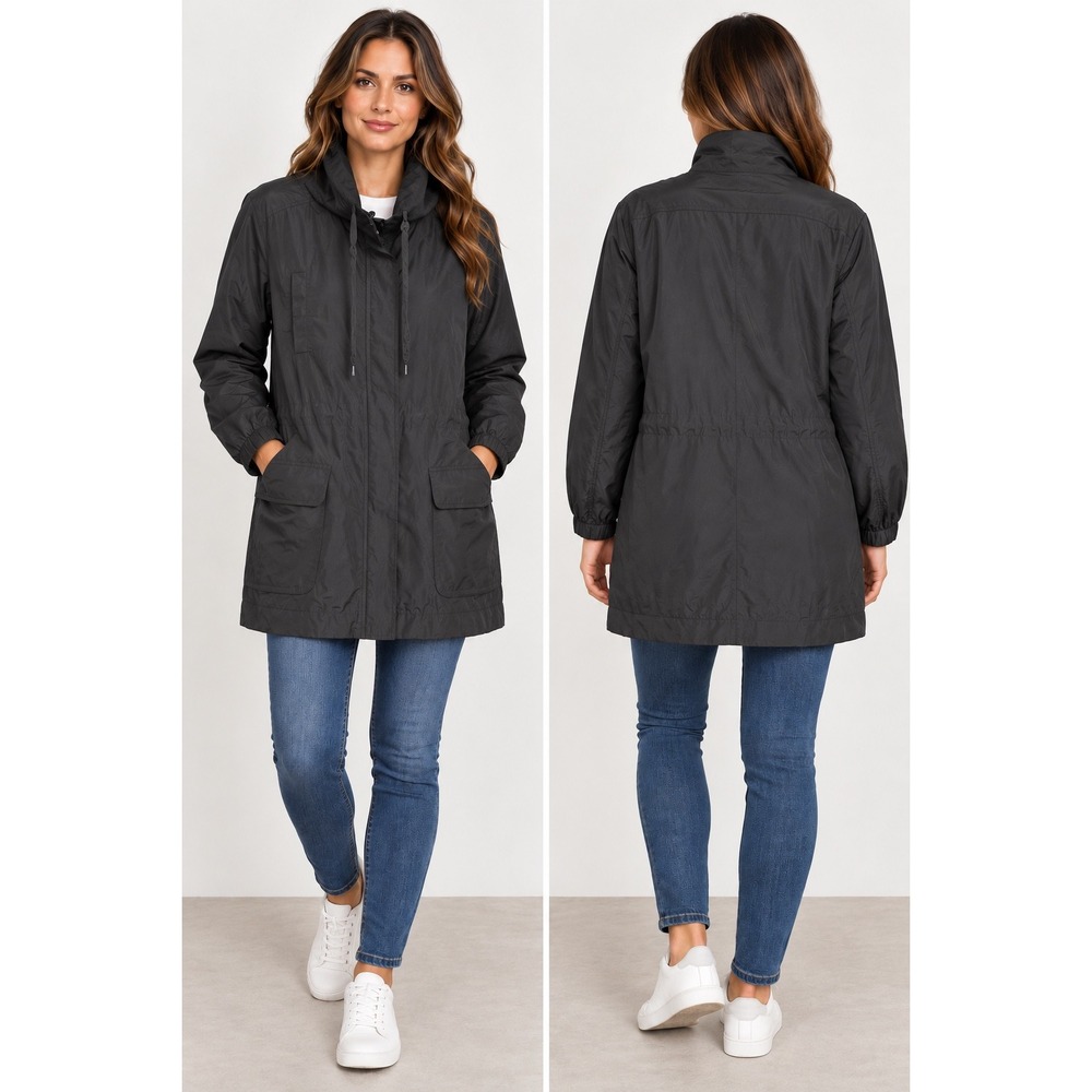 Eileen Fisher Anorak Jacket Womens M Gray Relaxed Drawstring Waist Utility Parka